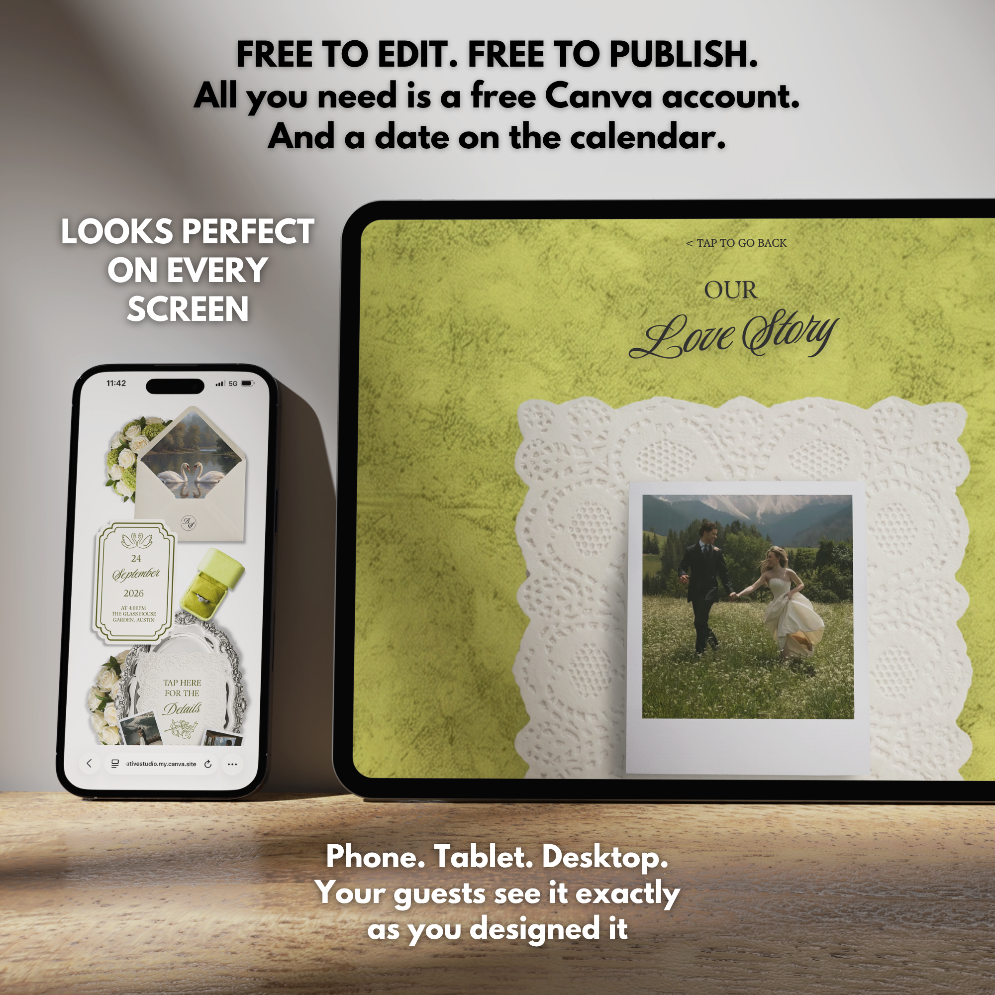 White and Green Floral Wedding Website Template with RSVP | Editable Canva Web Template | Old Money Digital Invitation & Save the Date