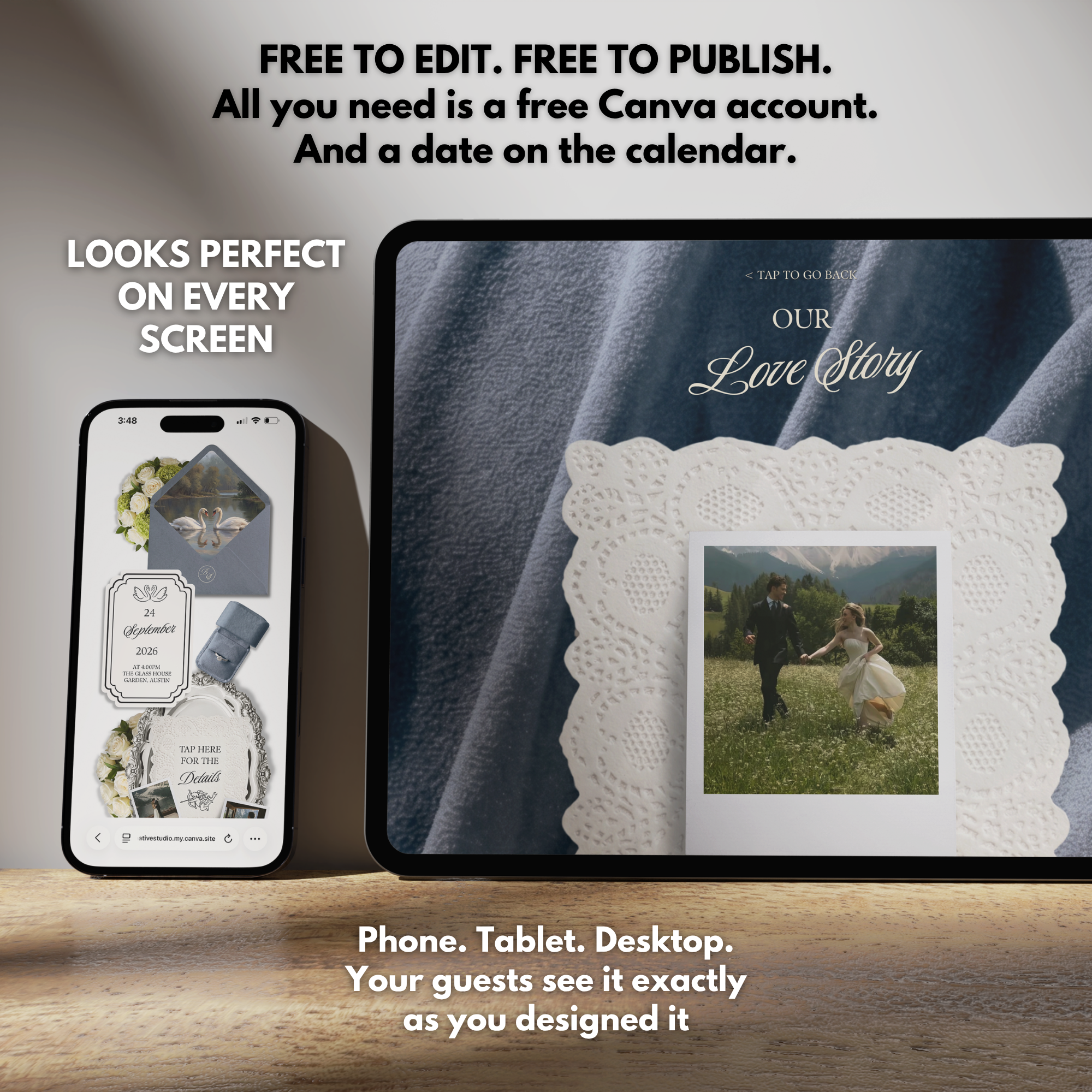 Dusty Blue Wedding Website Template with RSVP | Editable Canva Web Template | Old Money Digital Invitation & Save the Date