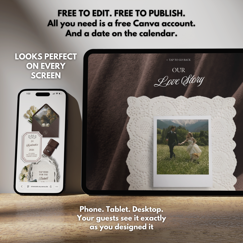 Brown & Ivory Floral Wedding Website Template with RSVP | Editable Canva Web Template | Old Money Digital Invitation Save the Date