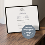 Plantilla para sitio web "Guarda la fecha" azul empolvado Canva | Sitio web de boda digital con nota de voz y confirmación de asistencia | Sobre de encaje