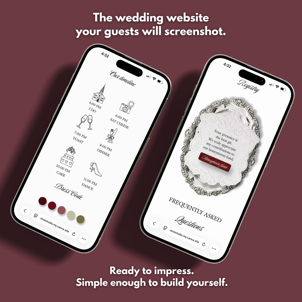 Burgundy Ivory Floral Wedding Website Template with RSVP | Canva Web Template | Old Money Digital Invitation & Save the Date