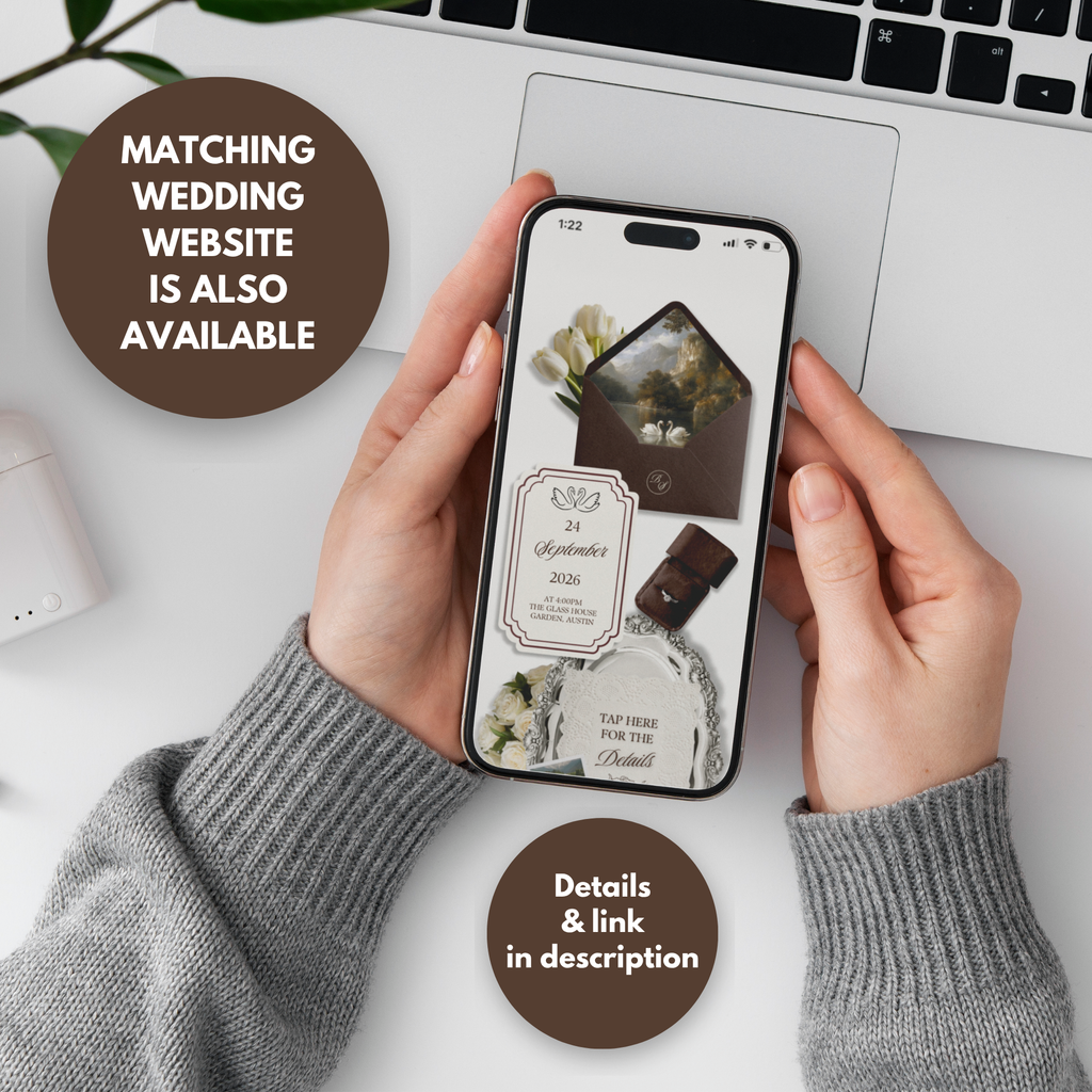Brown Save the Date Website Template Canva | Digital Wedding Website with Voice Note + RSVP | Lace Envelope