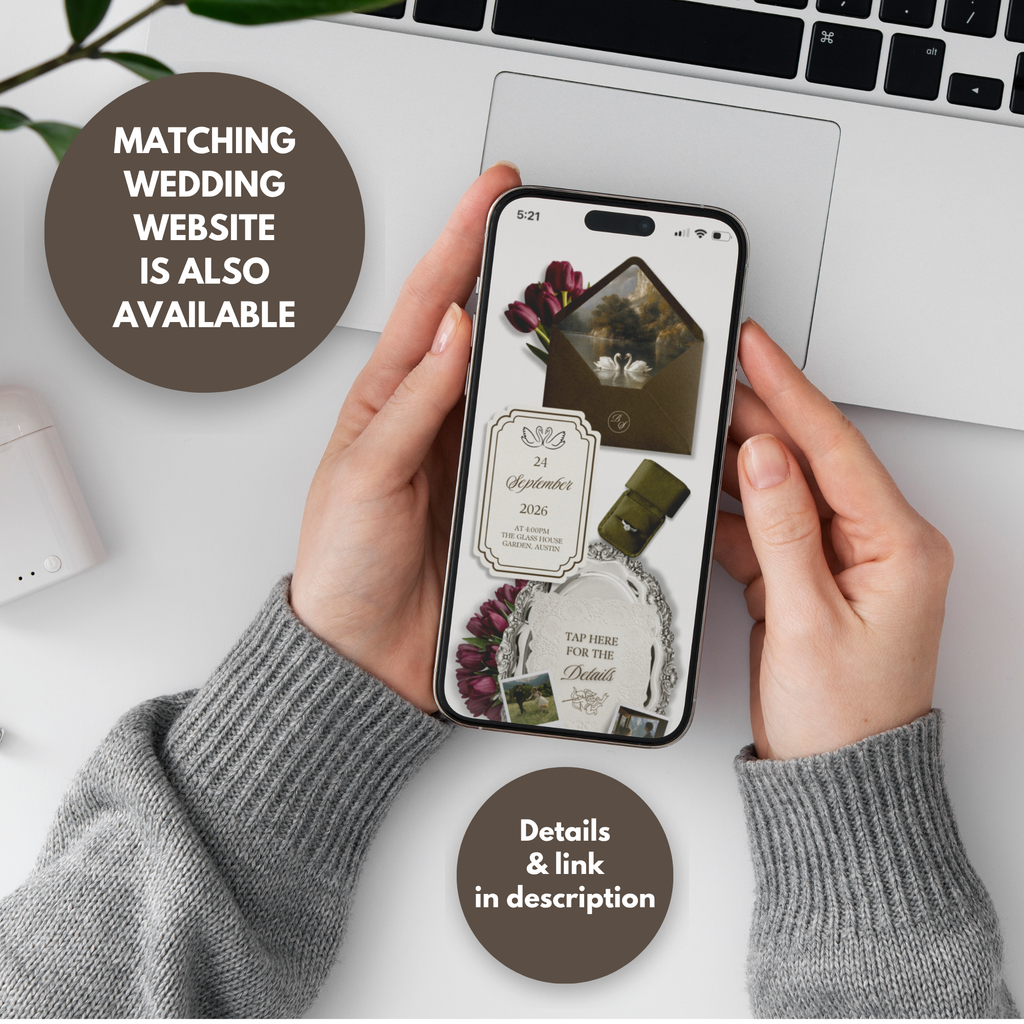 Olive Green & Burgundy Save the Date Website Template Canva | Digital Wedding Website with Voice Note + RSVP | Lace Envelope