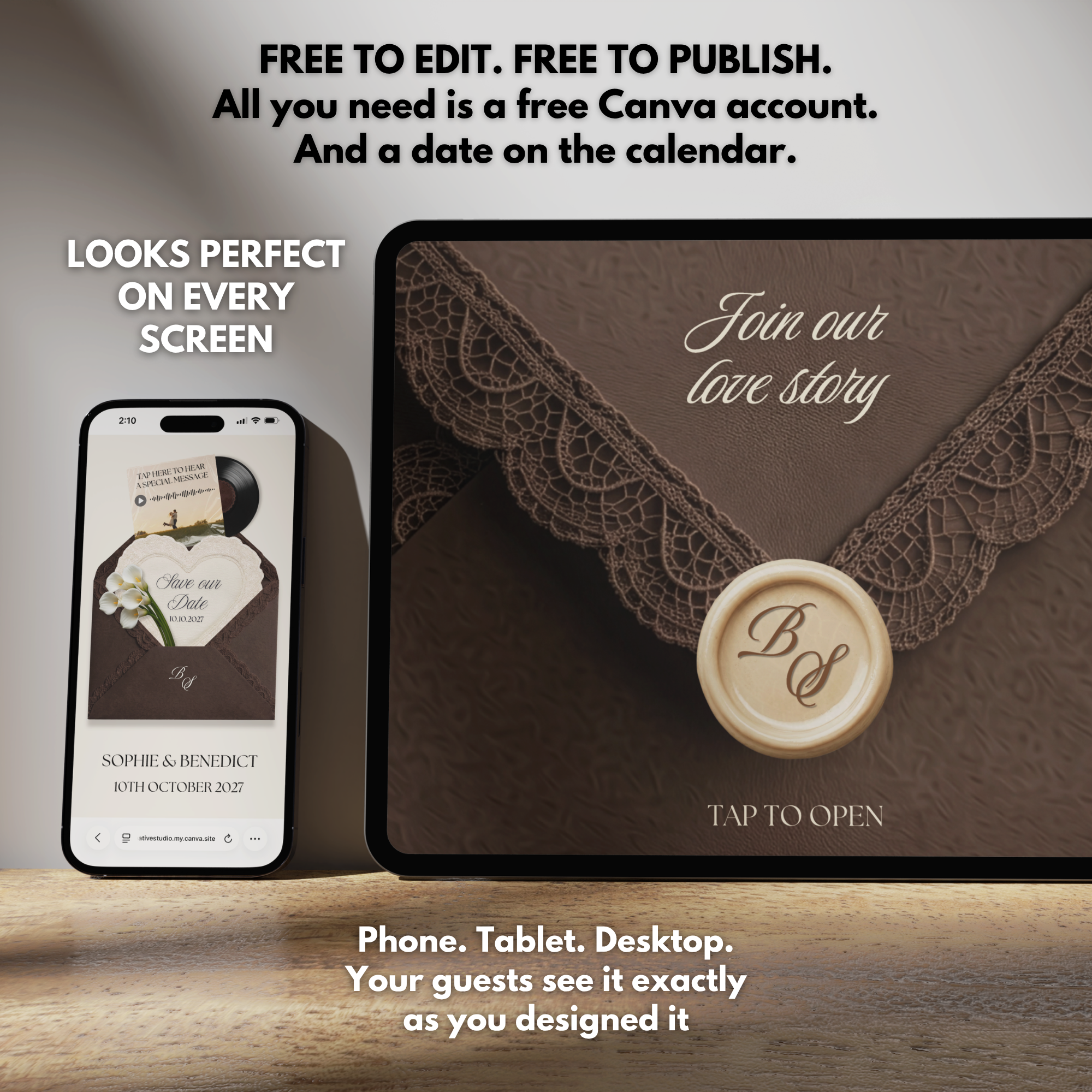 Brown Save the Date Website Template Canva | Digital Wedding Website with Voice Note + RSVP | Lace Envelope