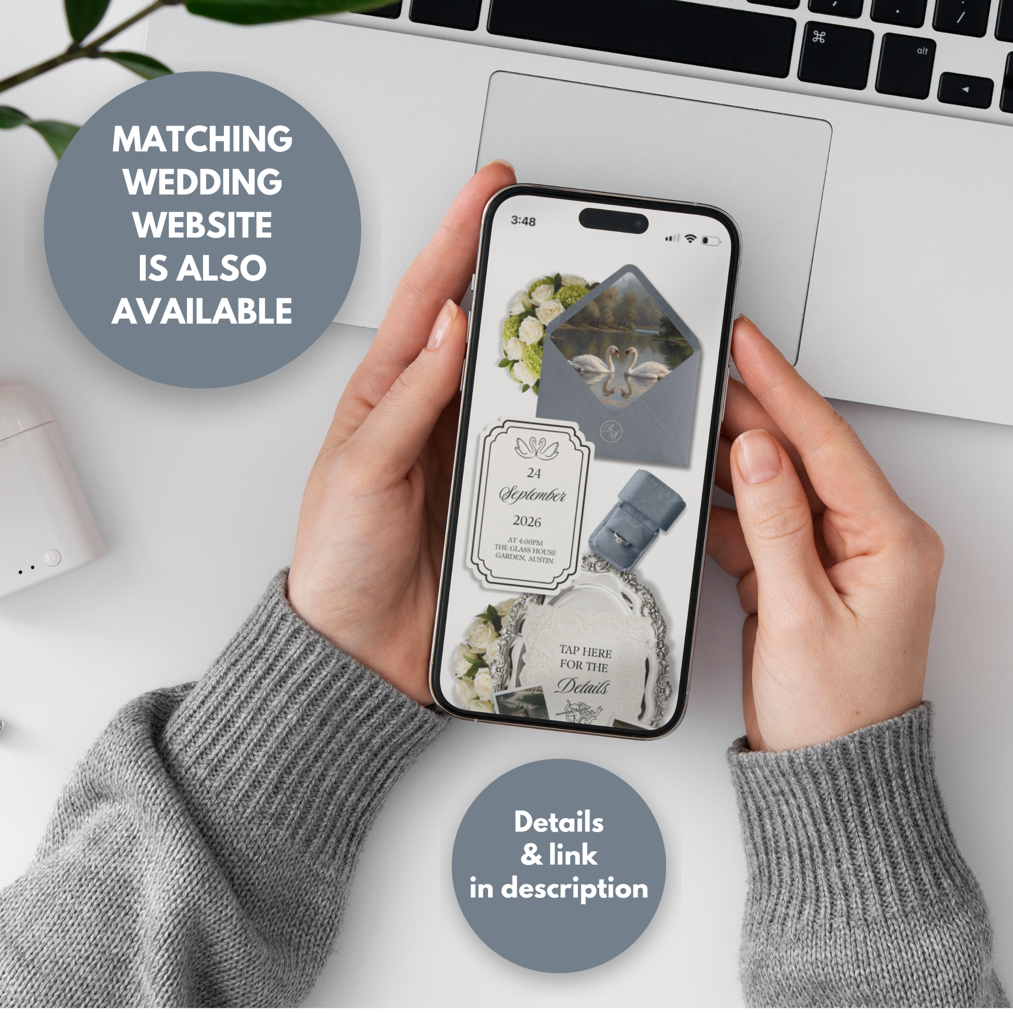 Dusty Blue Save the Date Website Template Canva | Digital Wedding Website with Voice Note + RSVP | Lace Envelope