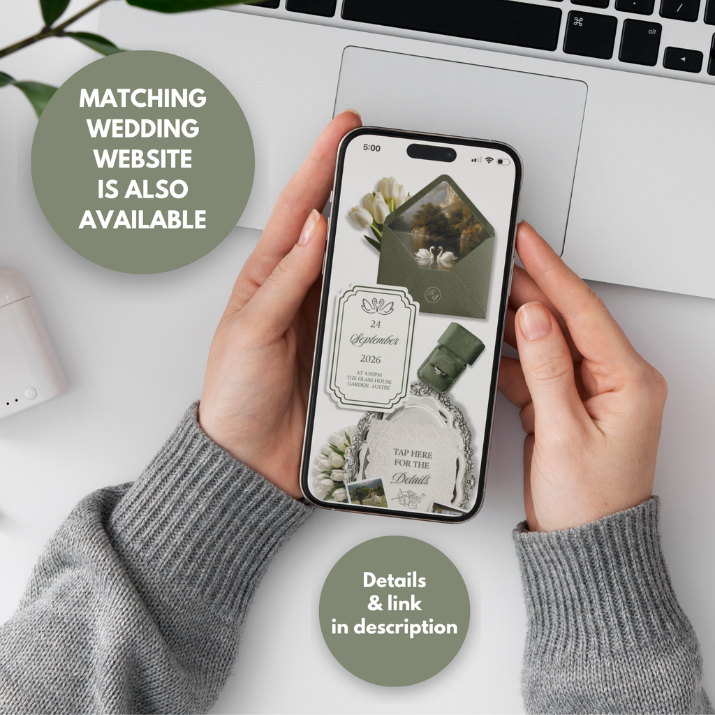 Sage Green Save the Date Website Template Canva | Digital Wedding Website with Voice Note + RSVP | Lace Envelope