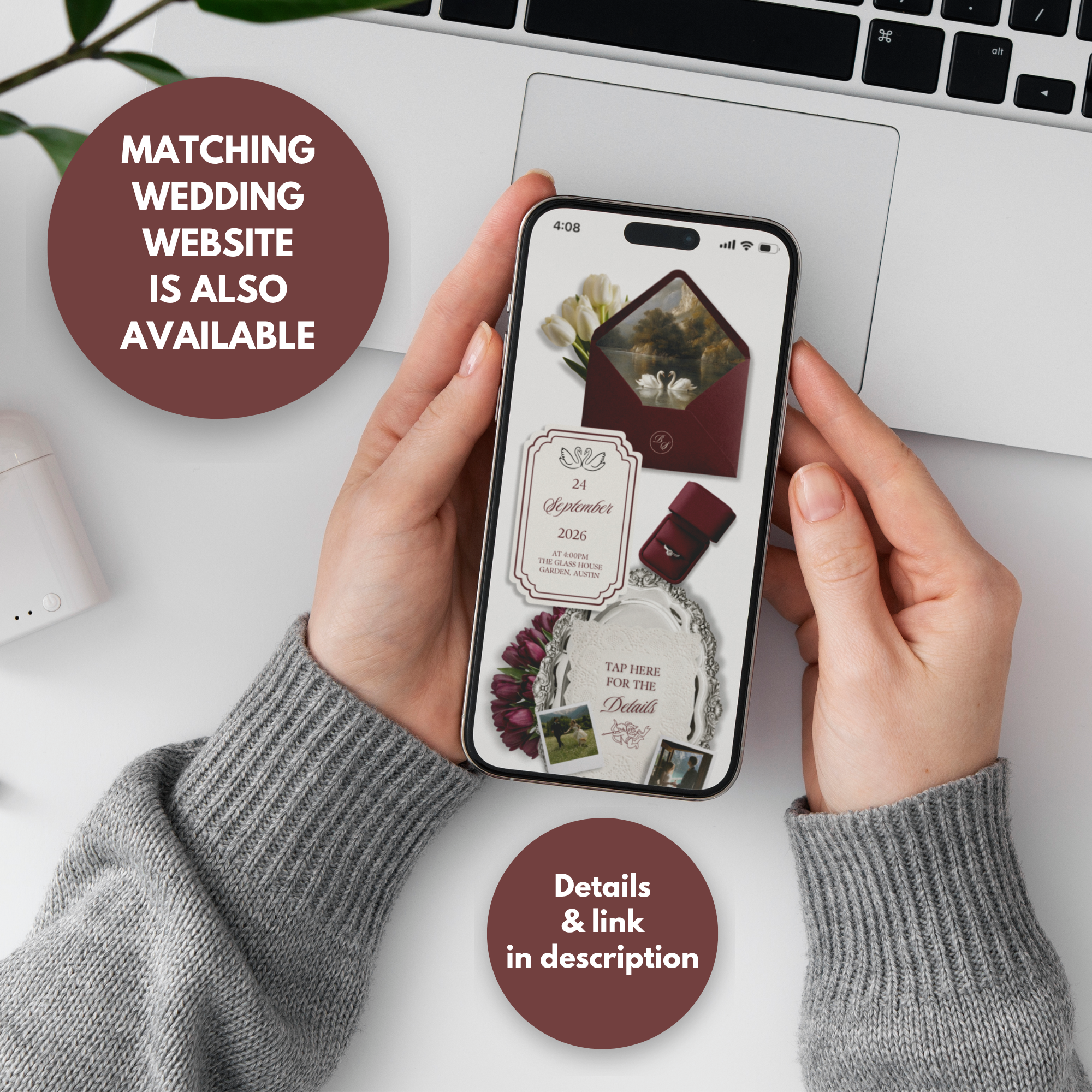 Burgundy Ivory Save the Date Website Template Canva | Digital Wedding Website with Voice Note + RSVP | Lace Envelope