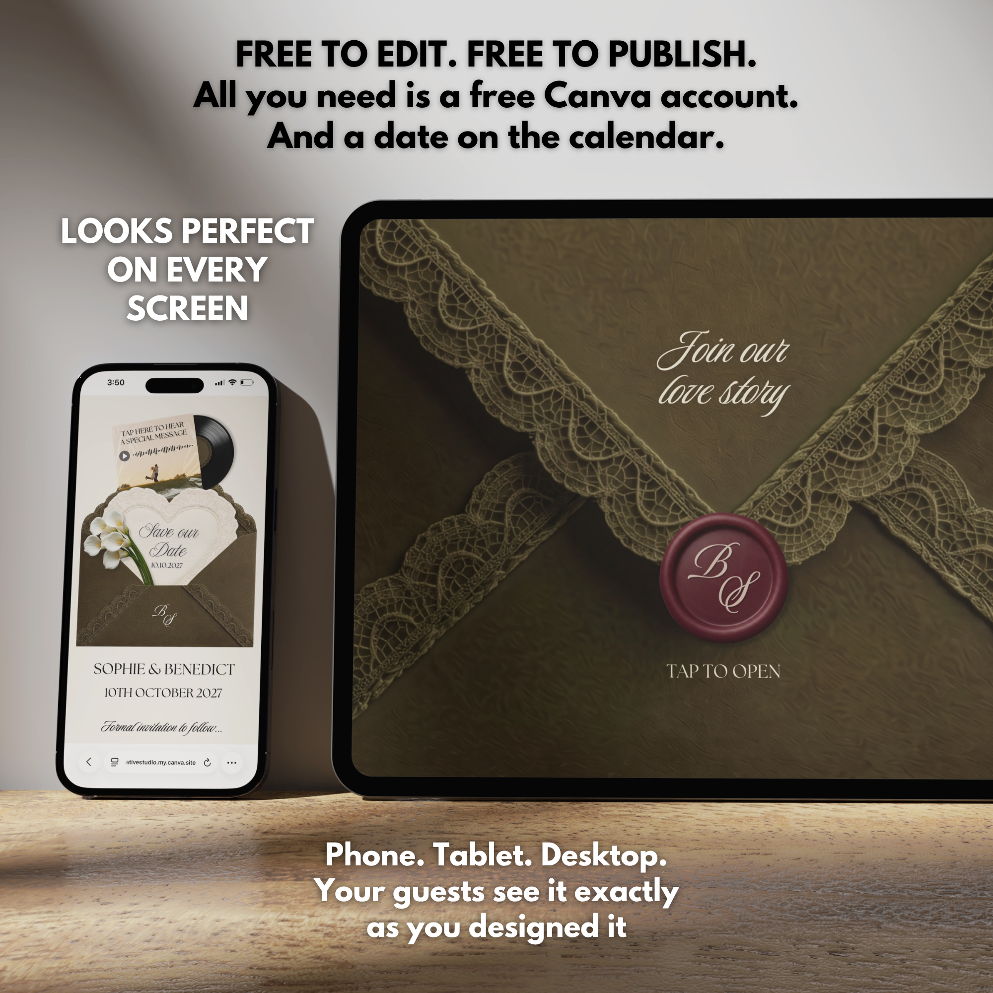 Olive Green & Burgundy Save the Date Website Template Canva | Digital Wedding Website with Voice Note + RSVP | Lace Envelope
