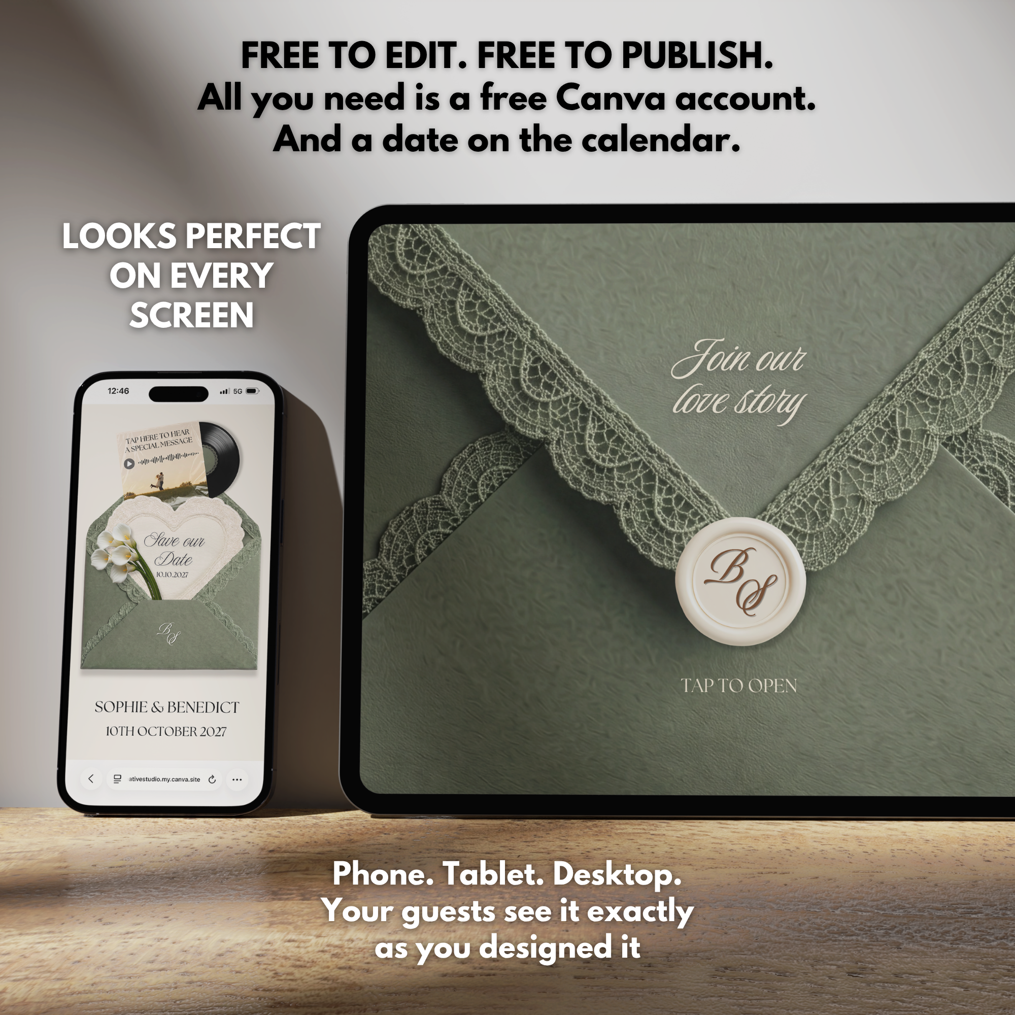 Sage Green Save the Date Website Template Canva | Digital Wedding Website with Voice Note + RSVP | Lace Envelope