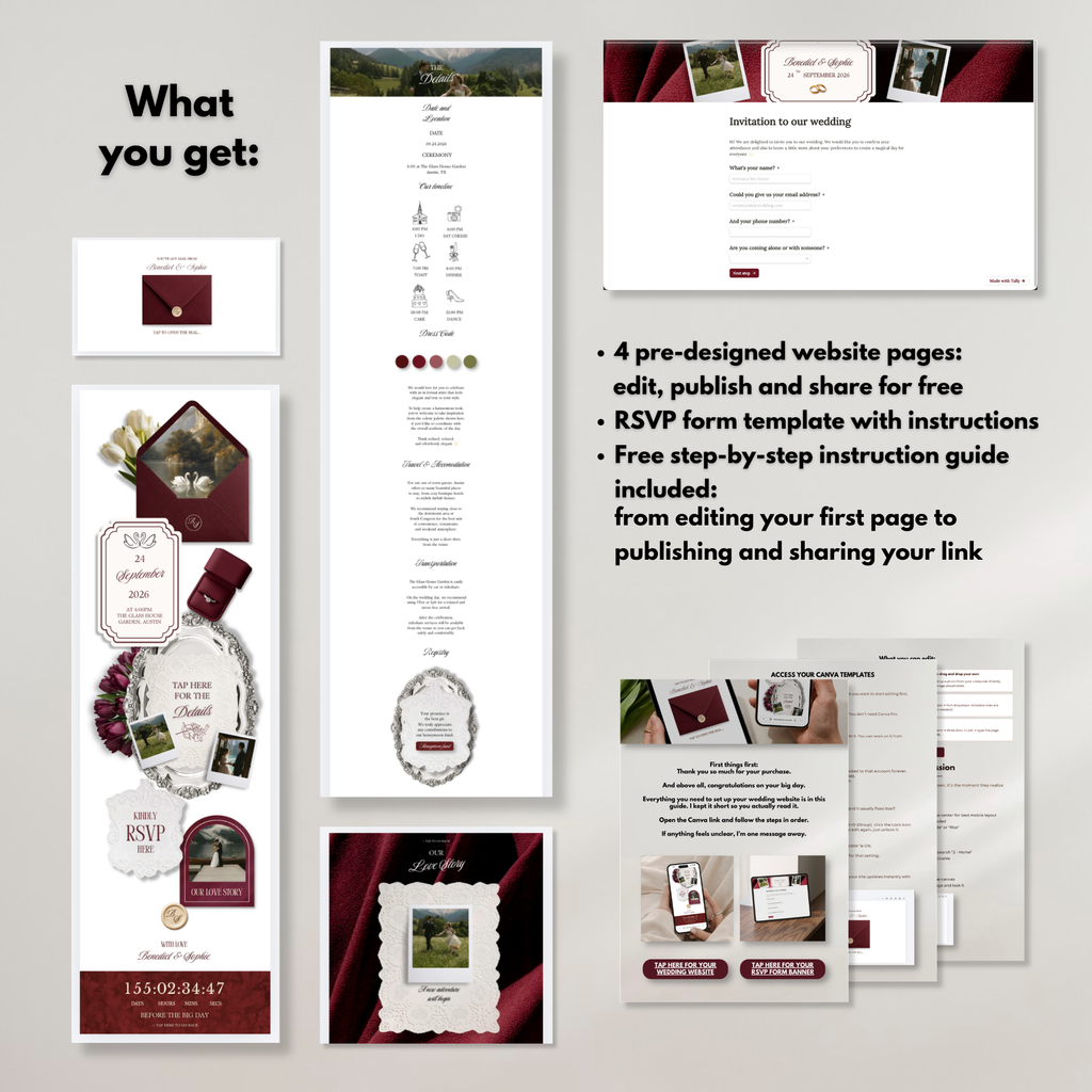 Burgundy Ivory Floral Wedding Website Template with RSVP | Canva Web Template | Old Money Digital Invitation & Save the Date