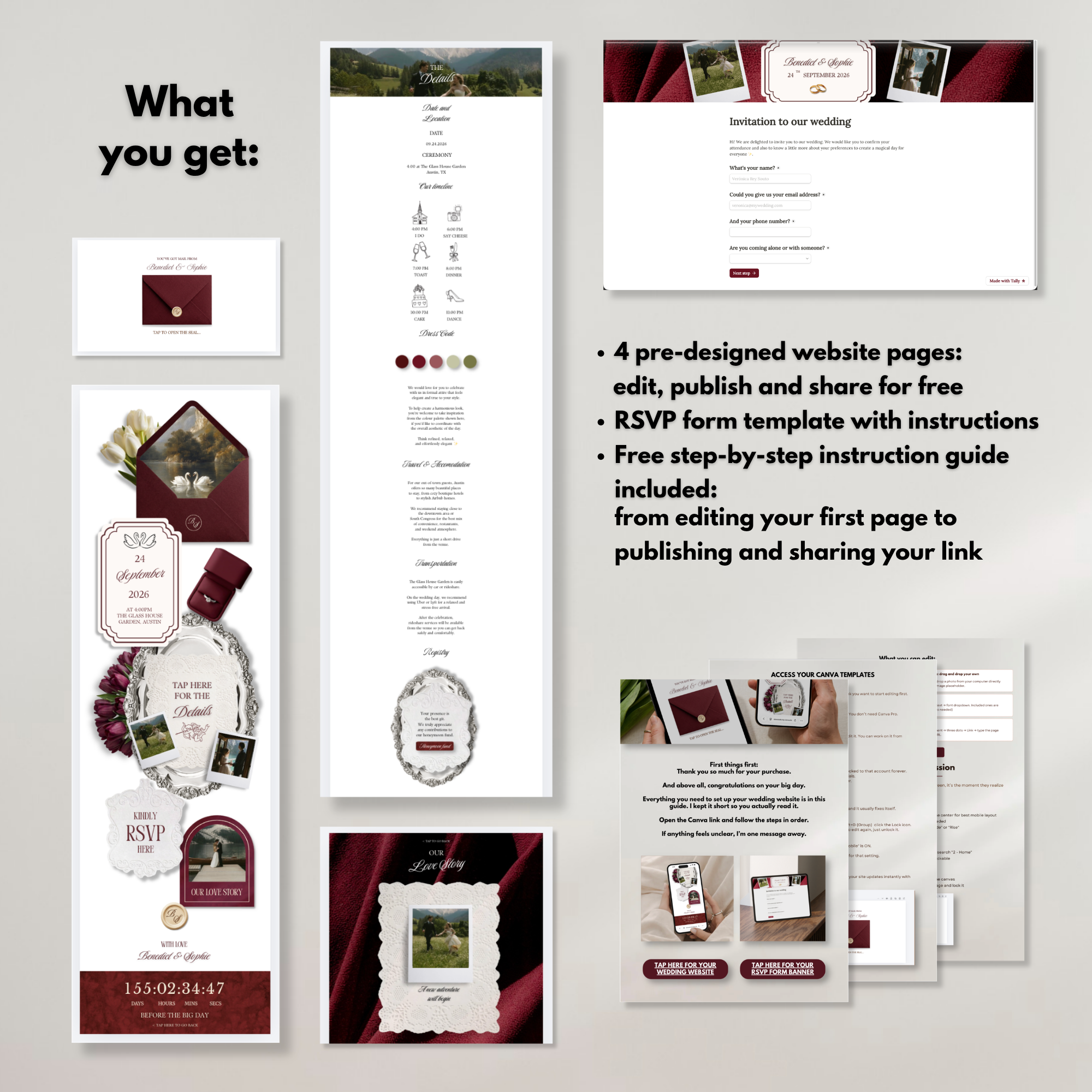 Burgundy Ivory Floral Wedding Website Template with RSVP | Canva Web Template | Old Money Digital Invitation & Save the Date
