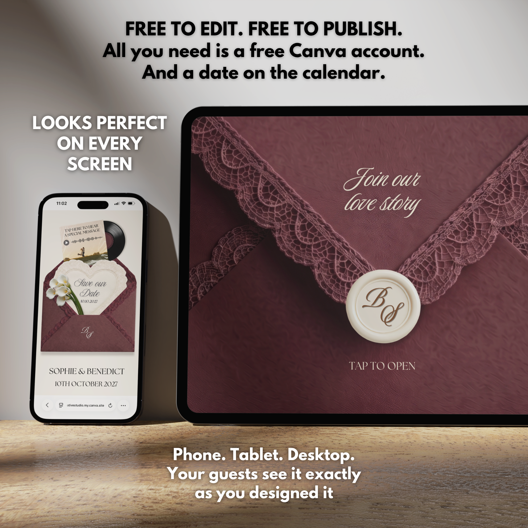 Burgundy Ivory Save the Date Website Template Canva | Digital Wedding Website with Voice Note + RSVP | Lace Envelope