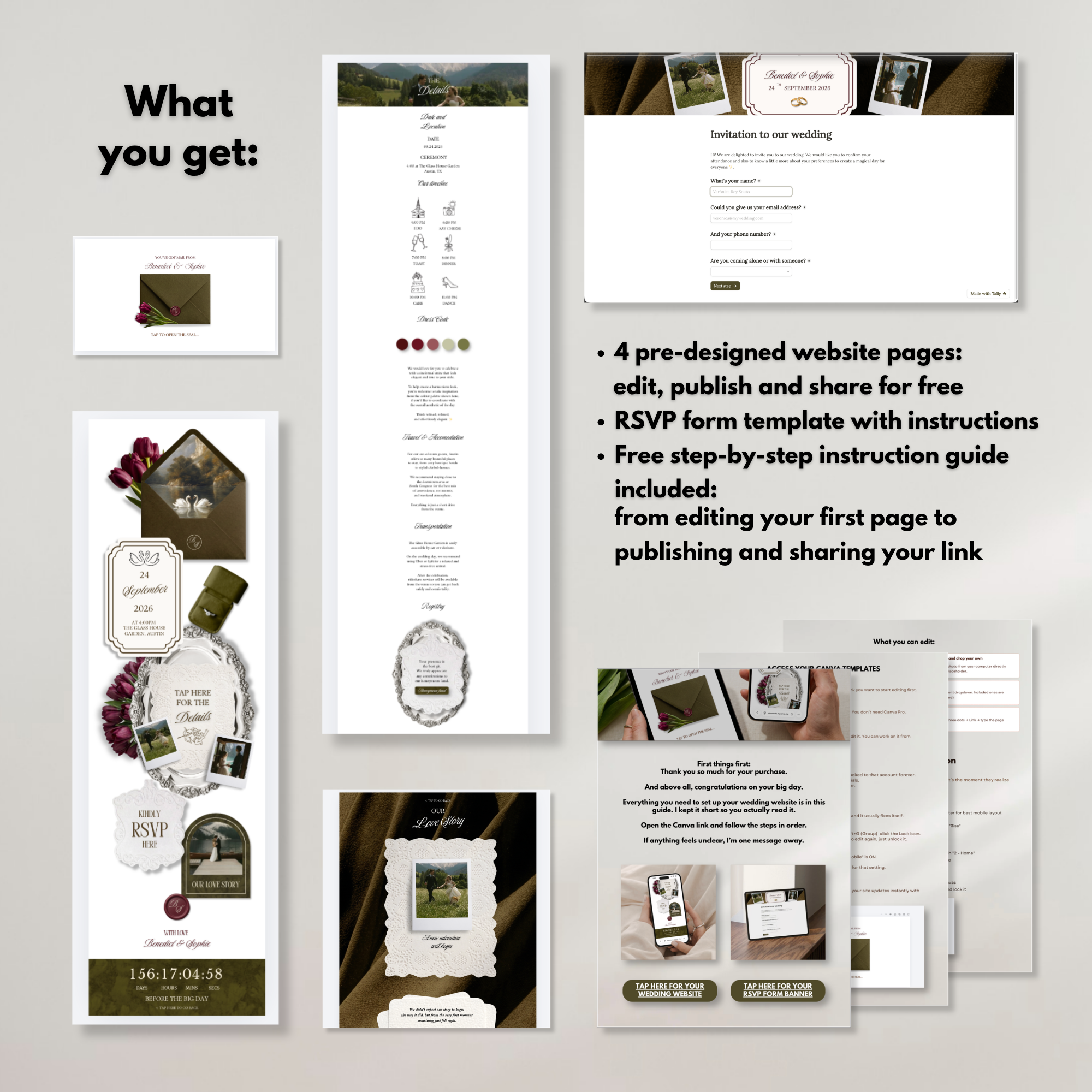 Olive Green Burgundy Floral Wedding Website Template with RSVP | Canva Web Template | Old Money Digital Invitation & Save the Date