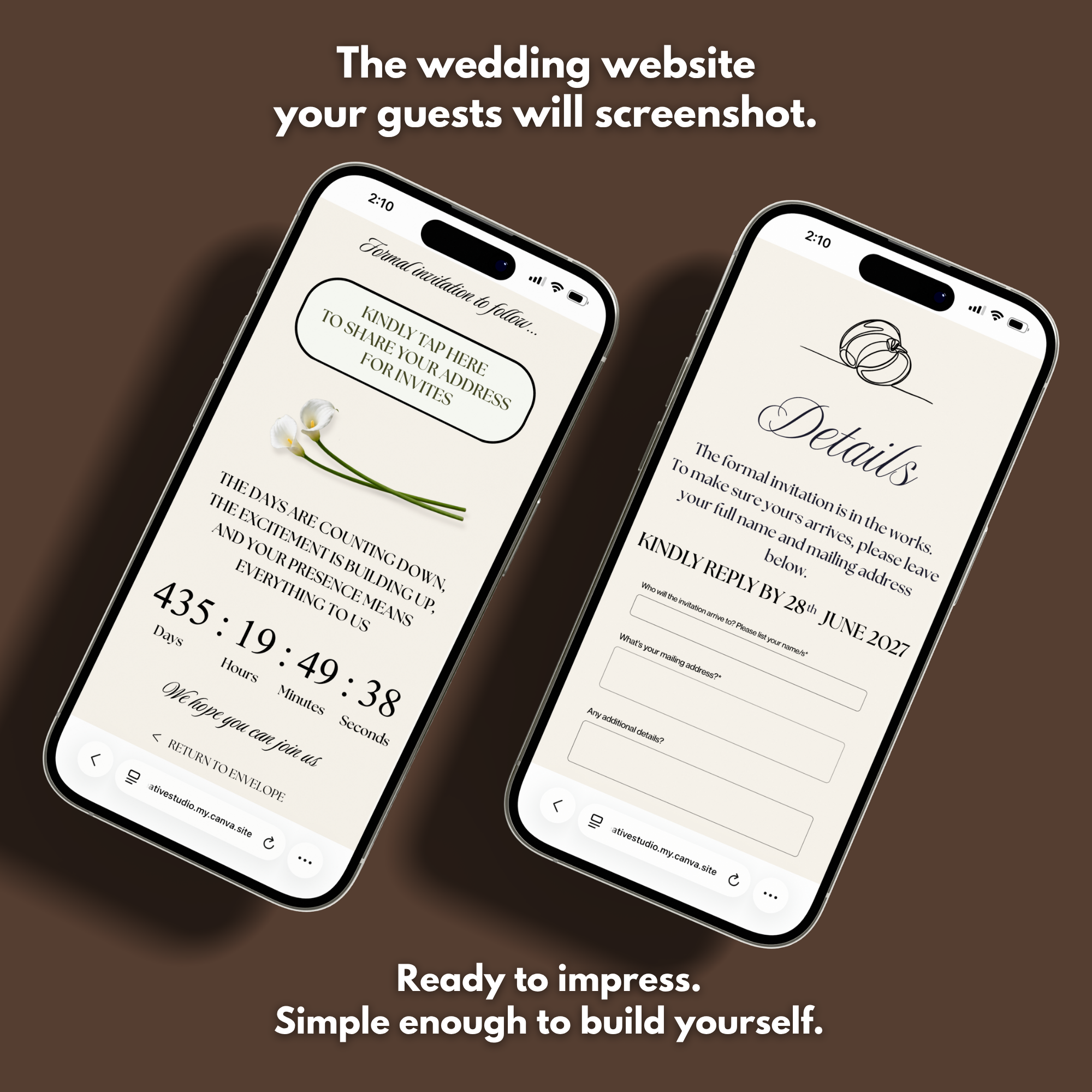 Brown Save the Date Website Template Canva | Digital Wedding Website with Voice Note + RSVP | Lace Envelope