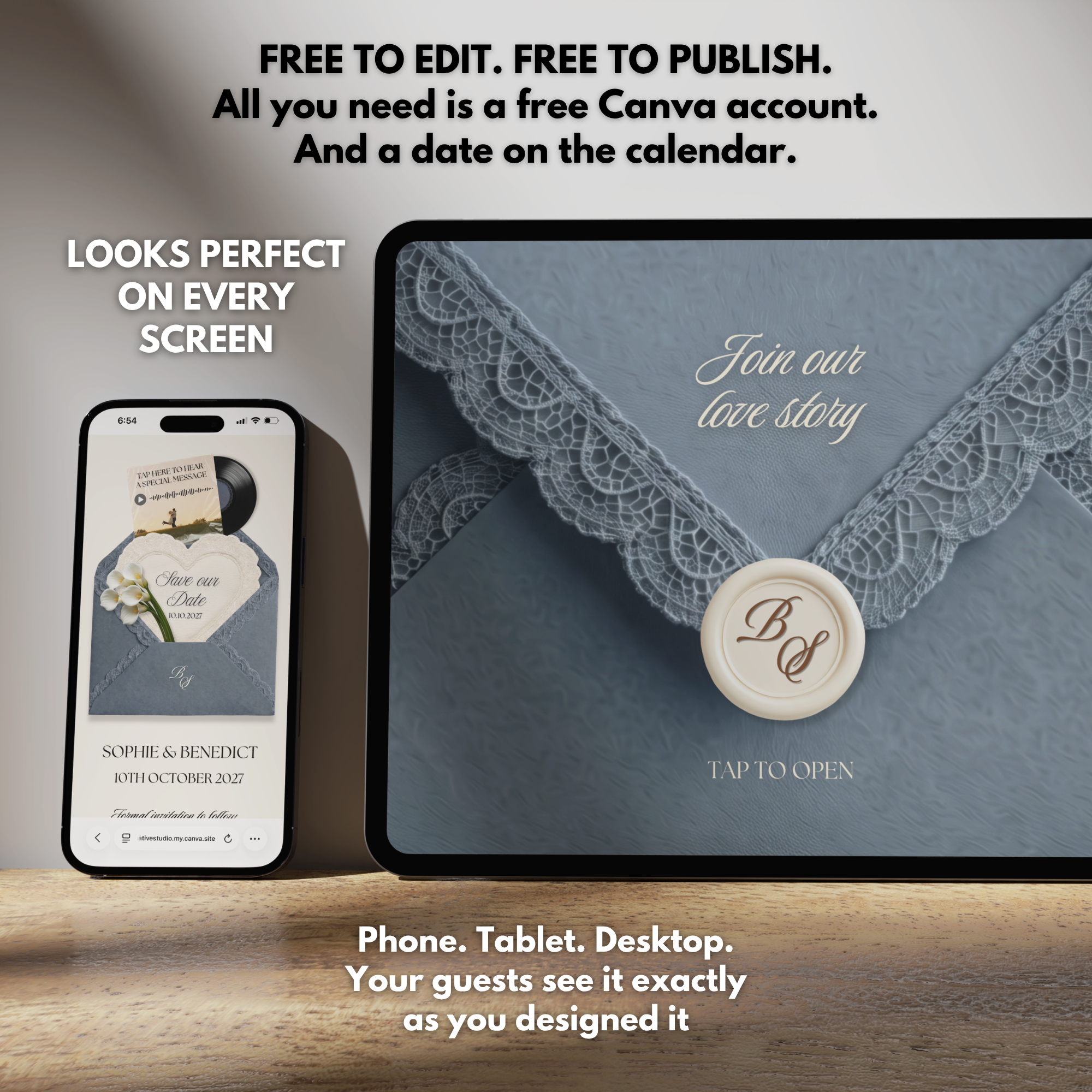 Dusty Blue Save the Date Website Template Canva | Digital Wedding Website with Voice Note + RSVP | Lace Envelope