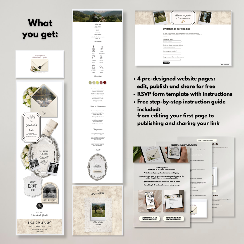 Ivory Black Green Burgundy Floral Wedding Website Template with RSVP | Canva Web Template | Old Money Digital Invitation & Save the Date