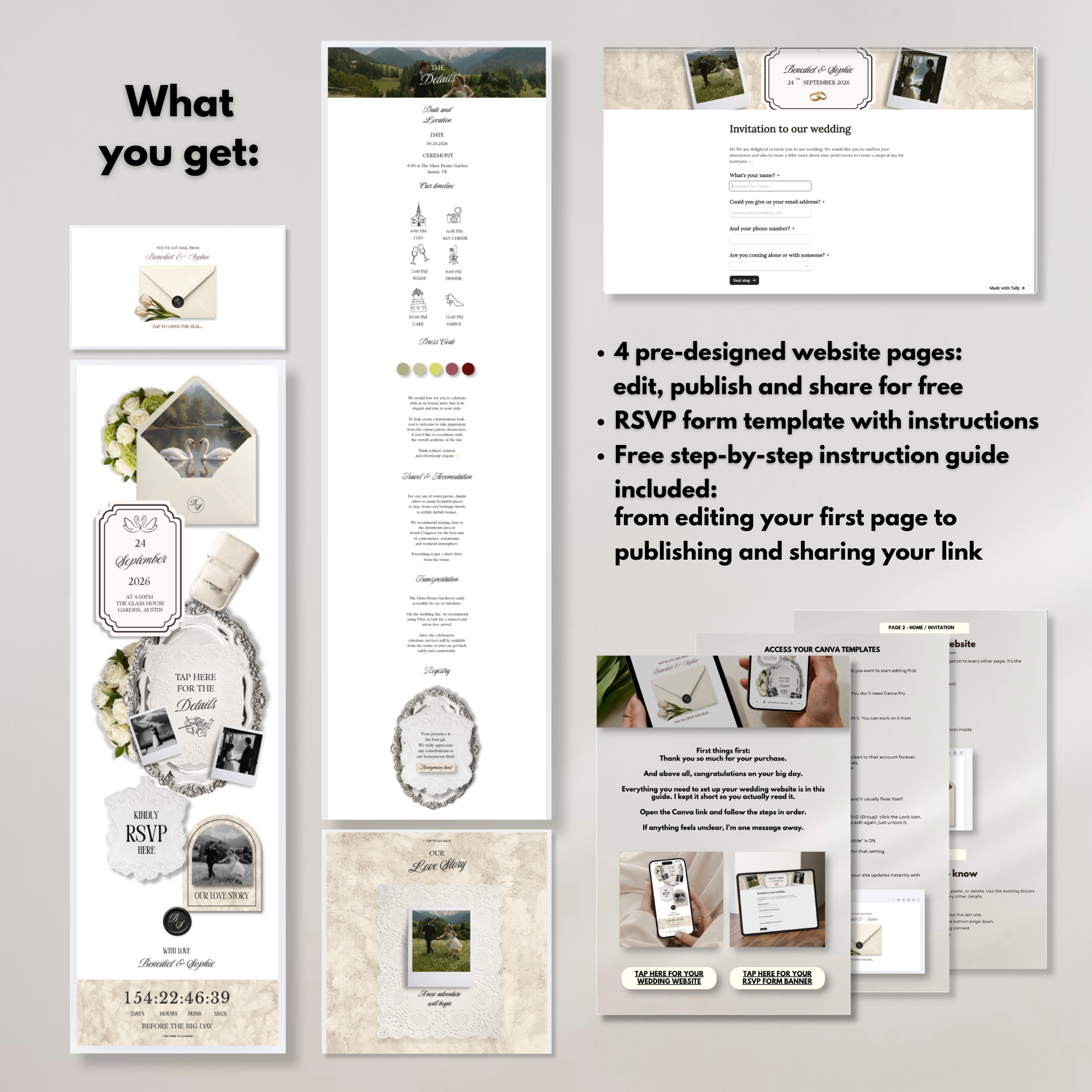 Ivory Black Green Burgundy Floral Wedding Website Template with RSVP | Canva Web Template | Old Money Digital Invitation & Save the Date